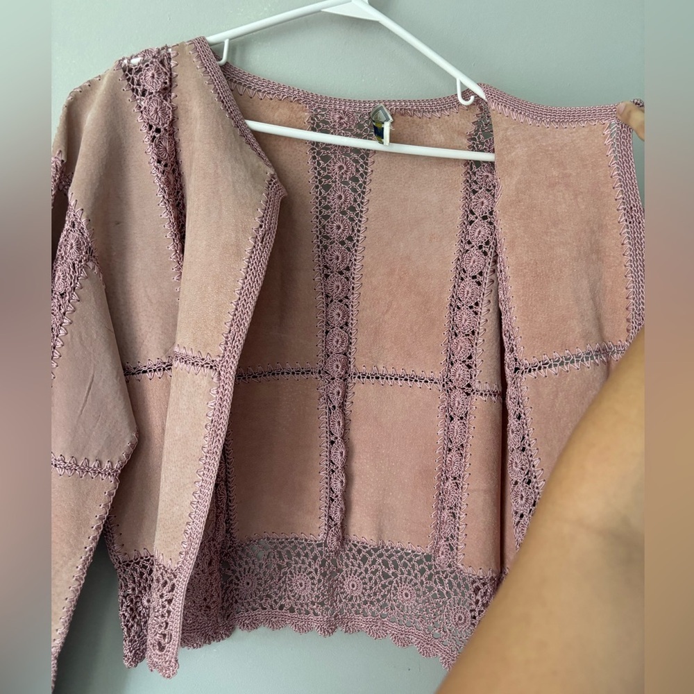 Y2K Fairycore Pink Suede crochet cottage Boho Knitwear Festival cardigan - Large - Picture 11 of 12